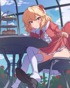 Rule 34 | 1girl, absurdres, bean tan, black shoes, blonde hair, clothes lift, crossed legs, cup, dress, dress lift, frilled dress, frills, green eyes, hair between eyes, hairband, highres, idolmaster, idolmaster cinderella girls, juliet sleeves, lifting own clothes, long sleeves, looking at viewer, panties, pink dress, puffy sleeves, red hairband, sakurai momoka, shoes, short hair, sitting, smile, solo, teacup, thighhighs, tiered tray, underwear, white panties, white thighhighs