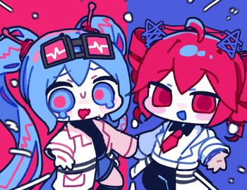 Rule 34 | 2girls, absurdly long hair, ahoge, bandaid, bandaid on face, black shirt, blue eyes, blue hair, blue shorts, chibi, collared shirt, commentary request, drill hair, eyewear on head, goggles, hatsune miku, highres, jigen tsuushin (vocaloid), kasane teto, korean commentary, lab coat, long hair, looking at viewer, miratsu (miratsu169), multiple girls, necktie, open mouth, pants, reaching, reaching towards viewer, red eyes, red hair, red necktie, shirt, shorts, smile, sweat, synthesizer v, twin drills, twintails, two-tone background, utau, very long hair, vocaloid, wavy mouth, white shirt