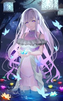 1girl absurdres bare_shoulders blue_butterfly breasts bug butterfly colored_inner_hair commentary_request commission dress grey_dress grey_hair halter_dress halterneck highres indie_virtual_youtuber insect lantern light_smile long_hair looking_at_viewer medium_breasts multicolored_hair night parted_lips pink_hair purple_dress purple_eyes second-party_source see-through_clothes sky sleeveless sleeveless_dress solo star_(sky) starry_sky umi_omi virtual_youtuber zinken00