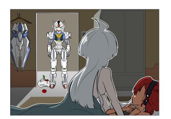 2girls absurdres ahoge bag bed bedroom breasts caught clothes_hanger commentary_request gundam gundam_aerial gundam_suisei_no_majo hairband highres indoors long_hair mecha medium_breasts meme miorine_rembran multiple_girls precure_netorare_(meme) red_hair robot shopping_bag spring_onion suletta_mercury tomato under_covers wakkigen walk-in wardrobe what white_hair yuri