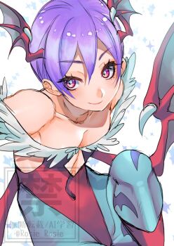 1girl bare_shoulders blue_pantyhose closed_mouth commentary_request cowboy_shot darkstalkers demon_girl demon_wings flat_chest head_wings highleg highleg_leotard leotard lilith_(darkstalkers) multiple_wings pantyhose purple_eyes purple_hair red_leotard rosie_rosie short_hair simple_background smile solo sparkle wings