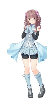 1girl aqua_gloves aqua_shirt aqua_skirt aqua_socks artist_request baseball_uniform bike_shorts bike_shorts_under_skirt black_shoes black_shorts blue_eyes brown_hair cinderella_series closed_mouth detached_sleeves fingerless_gloves flower_hairclip gloves hachigatsu_no_cinderella_nine hair_ribbon highres imada_anju kneehighs long_hair looking_at_viewer multicolored_eyes official_art pink_ribbon purple_eyes ribbon shirt shoes shorts skirt socks solo sportswear transparent_background two_side_up