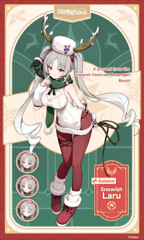 1girl :d animal animal_on_shoulder antlers armpit_crease backless_dress backless_outfit backless_sweater bare_shoulders bird bird_on_shoulder blush boots breasts character_name cleavage cleavage_cutout closed_eyes clothing_cutout commentary copyright_logo copyright_name copyright_notice crow detached_sleeves dress english_commentary english_text finger_to_cheek fur-trimmed_boots fur_hat fur_trim green_scarf grey_hair grin hat heart_cutout highres hip_vent horned_hat horns knit_pantyhose knit_scarf knit_sweater large_breasts laru_(snowish)_(stella_sora) laru_(stella_sora) logo long_hair looking_at_viewer mismatched_arm_warmers multiple_expressions nose_blush official_alternate_costume official_art open_mouth pantyhose papakha parted_bangs purple_eyes red_boots red_pantyhose red_sleeves scarf short_dress sleeveless sleeveless_dress sleeveless_sweater smile solo stella_sora striped_sleeves sweater sweater_dress twintails very_long_hair white_arm_warmers white_dress white_hat white_sweater