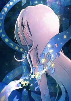 1girl bare_shoulders black_dress blue_background blue_ribbon breaking commentary_request crescent dress eating expressionless grey_hair hanada_hyou highres light_particles long_hair patterned_clothing pentagon_(shape) profile purple_eyes ribbon ribbon_around_body sitting snake solo star_(symbol) touhou triangle yuiman_asama