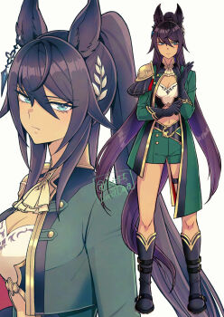 1girl adjusting_clothes adjusting_gloves animal_ears ascot bandeau black_boots black_gloves black_hair blue_eyes blush boots breasts cleavage closed_mouth commentary dark-skinned_female dark_skin earrings gloves green_jacket green_shorts hair_between_eyes hi_(ibisf5umauma) highres horse_ears horse_girl horse_tail jacket jewelry long_hair long_sleeves looking_at_viewer medium_breasts midriff multiple_views navel ponytail shirt shorts single_earring split_ponytail symbol-only_commentary symboli_kris_s_(onyx_soldier)_(umamusume) symboli_kris_s_(umamusume) tail umamusume white_ascot white_bandeau