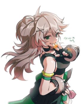 1girl absurdres bare_shoulders black_choker black_gloves black_shirt choker commentary elsword fingernails gloves green_eyes grey_hair grin highres jewelry lenmeu lithia_beryl_(elsword) long_hair looking_at_viewer midriff n.e.k.o n.e.k.o_(the_four_seasons_of_farewells) necklace official_alternate_costume shirt side_ponytail simple_background sleeveless sleeveless_shirt smile solo symbol-only_commentary teeth ushio white_background yoichi_yukimura