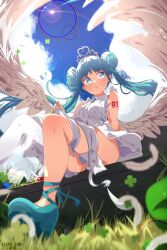 Rule 34 | 1girl, absurdres, angel, angel wings, aqua eyes, aqua hair, asami-chan, asymmetrical legwear, bare shoulders, blue sky, cloud, cloudy sky, crown, dress, feathered wings, from below, hair bun, hatsune miku, high heels, highres, long hair, looking to the side, number tattoo, open mouth, single leg pantyhose, sitting, sky, sleeveless, sleeveless dress, solo, tattoo, thighs, vocaloid, white dress, wings