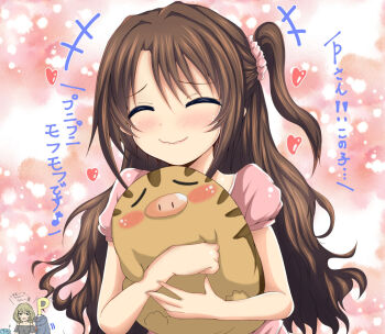 1boy 2girls animal blush character_request gen_2_pokemon heart holding holding_animal idolmaster idolmaster_cinderella_girls long_hair multiple_girls nintendo p-head_producer pink_scrunchie pokemon pokemon_(creature) producer_(idolmaster) scrunchie shimamura_uzuki short_sleeves smile swinub uesugi_shingo_(gurasan_buutsu) upper_body