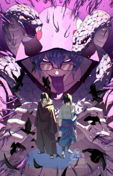 3boys bird black_hair black_pants black_sclera brothers chokutou coat colored_sclera crow edo_tensei falling_feathers feathers flak_jacket glasses grey_hair grey_jacket hands_up highres jacket jewelry long_hair long_sleeves long_tongue male_focus multiple_boys naruto_(series) naruto_shippuuden necklace open_mouth pants purple_theme rope_belt round_eyewear sandals shadow short_hair short_sleeves siblings smile snake snake_boy spiked_hair sssiii7610 tongue tongue_out uchiha_itachi uchiha_sasuke undead watermark white_snake yakushi_kabuto