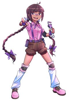 1girl adapted_costume ahoge bandaid bandaid_on_face bandaid_on_nose belt blunt_bangs bow braid breasts brown_shorts collared_shirt dark_skin david_hrusa fingerless_gloves full_body gloves hair_bow highres holding holding_wrench knee_pads leg_warmers long_hair open_mouth pink_shirt pink_shoes pointy_ears puffy_short_sleeves puffy_sleeves purple_belt purple_bow purple_eyes purple_gloves purple_ribbon ribbon rika_(touhou) shirt shoes short_sleeves shorts simple_background skirt small_breasts suspender_skirt suspenders teeth thick_eyebrows tools touhou touhou_(pc-98) transparent_background twin_braids upper_teeth_only very_long_hair white_bow wrench