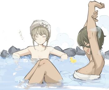 2girls =_= absurdres armpits arms_up bare_arms bare_shoulders breasts chinese_commentary cleavage closed_eyes closed_mouth commentary_request dark-skinned_female dark_skin girls_band_cry grey_hair hair_between_eyes hair_up hand_on_own_arm highres kawaragi_momoka kiraing_poi knees_up large_breasts long_hair_between_eyes loosely_tucked_bangs multiple_girls naked_towel onsen open_mouth partially_submerged profile rubber_duck rupa_(girls_band_cry) same-sex_bathing shared_bathing short_hair sitting steam stretching towel towel_on_head translation_request v-shaped_eyebrows very_short_hair white_background