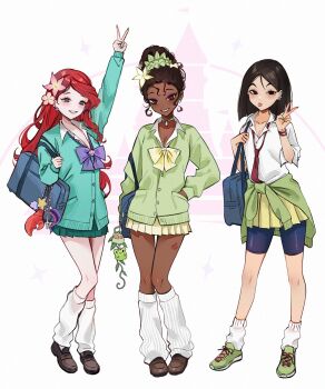 3girls ariel_(disney) barbell_piercing bike_shorts black_hair blue_eyes bow bowtie brown_eyes brown_hair cardigan cardigan_around_waist choker clothes_around_waist dark-skinned_female dark_skin disney disney_princess ear_piercing earrings fa_mulan_(disney) fake_nails flower gyaru hair_bun hair_ornament highres industrial_piercing jewelry lipstick_mark lipstick_mark_on_leg long_hair looking_at_viewer loose_bowtie loose_socks makeup mulan_(movie) multiple_girls nail_polish necktie ompf piercing pink_nails ponytail red_hair school_uniform scrunchie shell short_hair skirt smile socks sweater sweater_around_waist the_little_mermaid_(disney) the_princess_and_the_frog_(disney) tiana_(the_princess_and_the_frog) tongue tongue_out v wrist_scrunchie