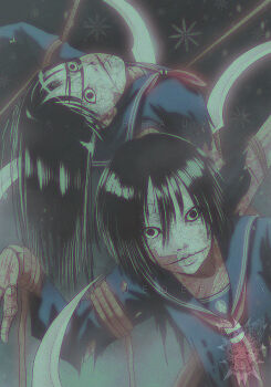 2girls artist_name ayakakashi black_eyes black_hair black_serafuku doll_joints holding holding_weapon joints multiple_girls neckerchief red_neckerchief rope ruedefaux school_uniform serafuku silent_hill_(series) silent_hill_f torn_clothes watermark weapon