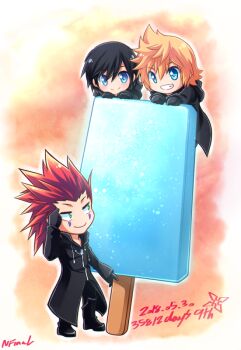 1girl 2boys axel_(kingdom_hearts) black_coat_(kingdom_hearts) black_hair black_pants blue_eyes chibi chibi_only copyright_name food grin jin.n kingdom_hearts kingdom_hearts_358/2_days multiple_boys oversized_food oversized_object pants popsicle red_eyes red_hair roxas short_hair signature smile xion_(kingdom_hearts)