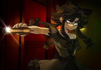 1girl absurdres black_dress black_hair bow breasts dress elliott_tessa glitch_productions gun highres murder_drones ribbon tessa_james_elliot weapon