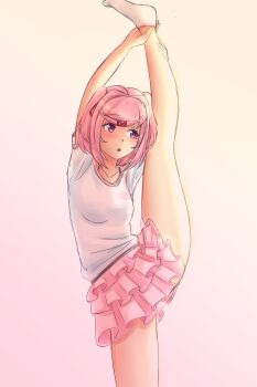 1girl absurdres doki_doki_literature_club flexible highres looking_at_viewer natsuki_(doki_doki_literature_club) raion_(raionart) smile split split_mouth standing standing_on_one_leg standing_split tagme