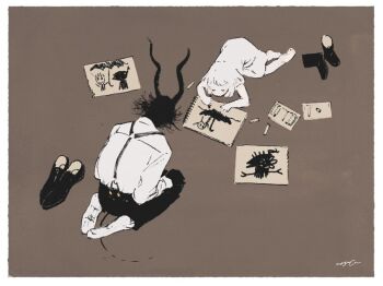 1boy 1girl body_fur boots brown_background child commentary_request drawing_(action) drawing_(object) dress full_body furry furry_male horns nagabe paper seiza sensei_(totsukuni_no_shoujo) shirt shiva_(totsukuni_no_shoujo) shoes short_hair simple_background sitting sketchbook suspenders tail totsukuni_no_shoujo unworn_shoes white_dress white_hair white_shirt