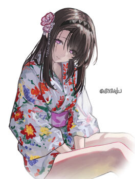 1girl absurdres arknights artist_name bare_legs between_legs breasts brown_hair chinese_commentary commentary_request feet_out_of_frame floral_print floral_print_kimono flower gn_tuituji hair_between_eyes hair_flower hair_ornament hairband hand_between_legs head_tilt highres japanese_clothes kimono long_hair looking_at_viewer medium_breasts no_pupils priestess_(arknights) print_kimono purple_eyes raised_eyebrows sidelocks simple_background sitting smile solo white_background white_kimono yukata