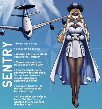 1girl absurdres aircraft airplane black_hat black_shoes blonde_hair breasts brown_pantyhose cape closed_mouth commentary dress drill_hair e-3_sentry emblem english_commentary english_text epaulettes facing_viewer goggles grey_cape grey_dress hat highres interlocked_fingers long_hair long_sleeves military_vehicle original own_hands_together pandramodo pantyhose personification shoes solo vehicle_and_personification very_long_hair
