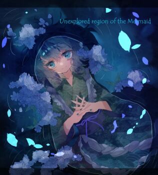 1girl black_sash blue_eyes blue_flower blue_hair blue_nails closed_mouth commentary_request english_text engrish_text fingernails flower green_kimono japanese_clothes kimono letterboxed looking_at_viewer mermaid monster_girl obi one-hour_drawing_challenge own_hands_together ranguage sash shinjitsu_no_kuchi short_hair smile solo touhou wakasagihime water