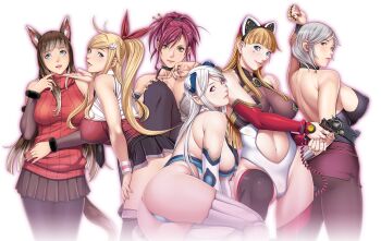 10s 6+girls ami_maizar animal_ears ass back bare_shoulders black_legwear blonde_hair blue_eyes bodysuit bracer breasts breasts_apart cable cat_ears cleavage cowboy_shot crossover dominance earrings facial_tattoo fake_animal_ears finger_on_trigger from_side green_eyes halterneck hand_on_own_hip hand_on_own_thigh head_tilt high_ponytail holding holding_weapon iriza_(dominance) jewelry large_breasts legs_apart legs_together leotard looking_at_viewer mamiya_marie mature_female messy_hair microskirt miniskirt mole mole_under_eye multiple_girls nail_polish outline panties pantyhose pantyshot pencil_skirt pleated_skirt pointy_ears ponytail red_hair sei_shoujo simple_background skin_tight skirt smile standing starless stud_earrings swept_bangs tail tattoo thighhighs thighs underwear weapon white_background white_hair white_legwear