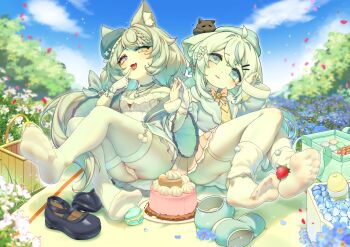 2girls absurdres animal_ears blue_eyes cake feet food fruit heterochromia highres holding_hands long_hair looking_at_viewer macaron mary_janes multiple_girls naizi_chenfu_yu_wo open_mouth original panties pantyshot parted_lips picnic picnic_basket purple_eyes see-through_clothes see-through_legwear shoes socks soles strawberry sweets thighhighs toes tongue tongue_out underwear unworn_shoes white_hair white_socks white_thighhighs yellow_eyes