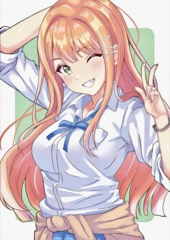 1girl ;d arm_behind_head blonde_hair blue_ribbon blue_skirt border bracelet breast_pocket breasts brown_cardigan cardigan cardigan_around_waist clothes_around_waist collared_shirt commentary_request gakuen_idolmaster green_background green_eyes grin hair_ornament hairclip hatsuboshi_gakuen_school_uniform highres idolmaster jewelry light_blush long_hair looking_at_viewer medium_breasts mole mole_under_eye neck_ribbon notus_23 one_eye_closed open_mouth outside_border pocket ribbon school_uniform shirt shiun_sumika skirt smile solo upper_body w white_border white_shirt