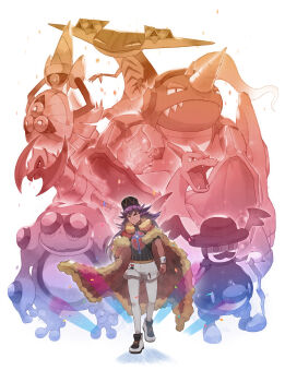 1boy absurdres aegislash baseball_cap bright_pupils cape champion_uniform charizard closed_mouth commentary_request dark-skinned_male dark_skin dragapult facial_hair fur-trimmed_cape fur_trim gen_1_pokemon gen_4_pokemon gen_5_pokemon gen_6_pokemon gen_8_pokemon hat haxorus highres leggings leon_(pokemon) long_hair male_focus mr._rime nintendo odd_(hin_yari) pokemon pokemon_(creature) pokemon_swsh purple_hair red_cape rhyperior seismitoad shield_print shirt shoes short_shorts short_sleeves shorts smile sword_print white_leggings white_pupils white_shorts