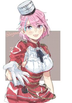 1girl armpit_cutout clothing_cutout giuseppe_garibaldi_(kancolle) gloves hat kantai_collection medium_hair mini_hat multicolored_hair neck_ribbon pink_eyes pink_hair red_shirt red_skirt ribbon sagamiso shirt short_hair short_sleeves skirt solo streaked_hair twitter_username two-tone_background watermark white_gloves white_hat