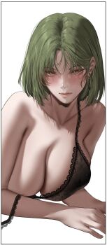 1girl arm_support bare_shoulders black_bra blush bra breasts cleavage closed_mouth collarbone earrings green_hair hair_behind_ear highres hplay jewelry korean_commentary lace lace_bra large_breasts looking_at_viewer lying medium_hair milf_hunting_in_another_world on_stomach peridot_(milf_hunting_in_another_world) simple_background solo strap_slip underwear white_background