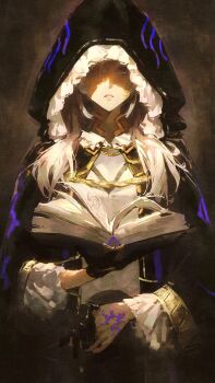 1girl black_cloak black_gloves black_robe book breasts brown_eyes cloak eyes_of_grima female_robin_(fire_emblem) fire_emblem fire_emblem_awakening gloves grey_hair highres holding holding_book hood hood_up hooded_cloak hooded_robe lkppp long_hair looking_at_viewer nintendo parted_lips robe shirt simple_background solo white_hair white_shirt