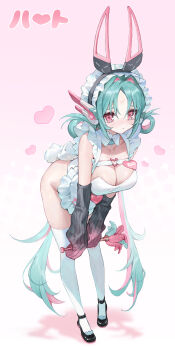 Rule 34 | 1girl, absurdres, animal ears, apron, bent over, black shoes, breasts, cleavage, commentary request, detached sleeves, duster, fake animal ears, feather duster, frilled hairband, frills, full body, green hair, hairband, heart, heart o-ring, highres, holding, holding duster, looking at viewer, multicolored hair, name tag, o-ring, original, pink background, pink eyes, pink hair, rabbit ears, shoes, simple background, solo, tearing up, thighhighs, toria (toriaa 27), translation request, two-tone hair, white apron, white thighhighs