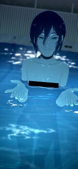 1girl absurdres bar_censor black_choker blue_hair blue_theme breasts censored censored_nipples chainsaw_man choker closed_mouth green_eyes hair_between_eyes highres looking_at_viewer na-suke partially_submerged pool reze_(chainsaw_man) small_breasts smile solo wet wet_hair