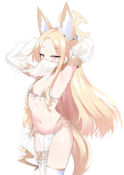 1girl absurdres alternate_costume animal_ears armpit_focus armpits arms_up bikini blonde_hair blue_archive bra breasts commentary cowboy_shot cross_halo dancer detached_sleeves ear_wreath expressionless extra_ears flower_wreath fox_ears fox_girl fox_tail halo harem_outfit highres ler230 loli long_hair looking_at_viewer mouth_veil navel panties pink_eyes see-through_clothes see-through_sleeves seia_(blue_archive) sidelocks simple_background small_breasts solo stomach sweat swimsuit tail thighhighs underwear veil white_background white_bra white_panties white_thighhighs yellow_halo