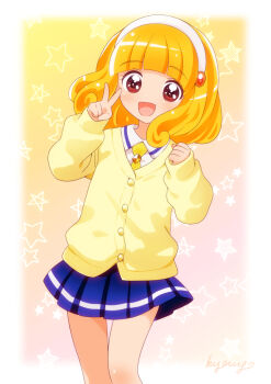 Rule 34 | 1girl, :d, arched bangs, artist name, bare legs, blonde hair, blue skirt, blush, border, brown eyes, buttons, cardigan, clenched hand, commentary, cowboy shot, dress shirt, gradient background, hairband, hands up, kise yayoi, knees together feet apart, kyanos (b 0000ff), long sleeves, looking at viewer, nanairogaoka middle school uniform, necktie, open mouth, outside border, pink background, pleated skirt, precure, school uniform, shirt, short hair, signature, skirt, sleeves past wrists, smile, smile precure!, solo, standing, star (symbol), star symbol background, two-tone background, v, white border, white hairband, white shirt, yellow background, yellow cardigan, yellow necktie