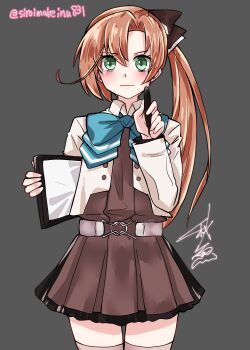 1girl absurdres akigumo_(kancolle) akigumo_kai_ni_(kancolle) aqua_bow aqua_bowtie blazer bow bowtie brown_dress brown_hair cowboy_shot dress green_eyes grey_background grey_thighhighs hair_ribbon halter_dress halterneck highres jacket kantai_collection kitahama_(siroimakeinu831) long_hair one-hour_drawing_challenge ribbon signature simple_background solo strap_slip stylus tablet_pc thighhighs twitter_username white_jacket
