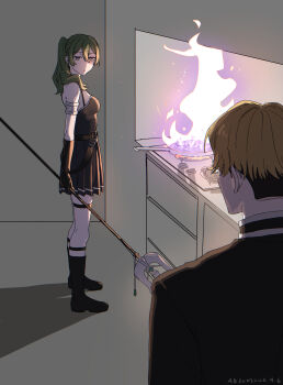 1boy 1girl absurdres arsum0731 black_boots black_dress black_gloves blonde_hair boots closed_mouth cooking dress fire glasses gloves green_hair highres holding holding_wand land_(sousou_no_frieren) purple_eyes side_ponytail single_glove sousou_no_frieren standing ubel_(sousou_no_frieren) wand