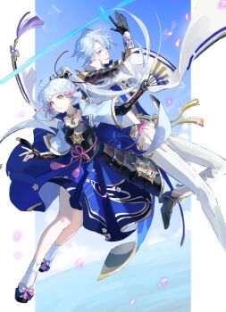 1boy 1girl arm_up armor ayaka_(genshin_impact) black_armor black_footwear black_gloves black_vest blue_eyes blue_hair blue_jacket blue_skirt blue_sky blunt_bangs blunt_tresses breastplate brother_and_sister chinese_knot commentary dou falling_petals flower_knot folding_fan foot_out_of_frame genshin_impact gloves gold_choker gold_trim hair_between_eyes hair_ribbon hand_fan hands_up high_ponytail highres holding holding_fan jacket japanese_armor kamisato_ayato kamisato_clan_(emblem) kote kusazuri leg_up liquid_weapon long_sleeves looking_at_viewer medium_hair mole mole_under_eye mole_under_mouth outside_border pants parted_lips partially_fingerless_gloves petals pillarboxed pink_petals ponytail popped_collar print_skirt purple_eyes purple_shirt ribbon shirt shoes short_sleeves shoulder_armor siblings skirt sky smile socks sode sword tabi tassel tassel_choker tress_ribbon uda_(xax_057) vest vision_(genshin_impact) water weapon white_jacket white_pants white_socks wide_sleeves