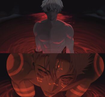 2boys abs arm_tattoo blue_eyes closed_mouth extra_eyes facial_tattoo four_eyes hair_between_eyes hashtag-only_commentary i&#039;ll_teach_you_everything_(chainsaw_man) jujutsu_kaisen male_focus multiple_boys naocturnall nude partially_submerged pectorals plug_(piercing) ryoumen_sukuna_(jujutsu_kaisen) short_hair shoulder_tattoo smile tattoo toned toned_male undercut upper_body white_hair yaoi