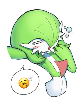 1girl arm_up armpits blush blush_stickers bob_cut closed_eyes colored_skin cropped_torso female_focus flat_chest gardevoir gen_3_pokemon green_hair green_skin hair_over_one_eye hand_to_own_mouth hand_up multicolored_skin nintendo one_eye_covered open_mouth outstretched_arm pokemon pokemon_(creature) raised_eyebrows sara_(sublender1234) short_hair simple_background solo speech_bubble spoken_emoji squeans stretching two-tone_skin upper_body white_background white_skin yawning