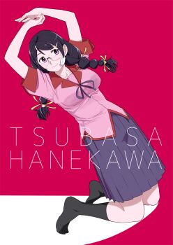 1girl arms_up black_hair black_socks braid breasts character_name gauze gauze_on_cheek glasses hair_ribbon hanekawa_tsubasa highres kneehighs kneeling large_breasts long_hair monogatari_(series) naoetsu_high_school_uniform ojipon purple_eyes purple_skirt ribbon school_uniform short_sleeves simple_background skirt smile socks solo twin_braids yellow_ribbon