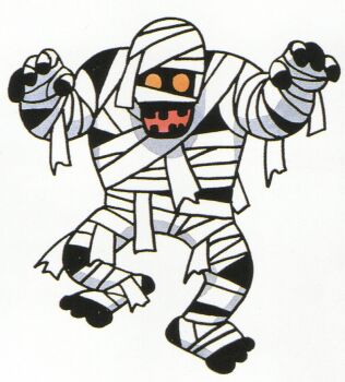 Rule 34 | bandages, barefoot, black skin, colored skin, dragon quest, full body, highres, monster, mummy, mummy (dragon quest), no pupils, official art, open mouth, scan, scan artifacts, third-party source, toriyama akira, white background, yellow eyes