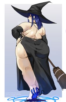 1girl 2025 absurdres artist_name ass backboob backless_dress backless_outfit barefoot black_choker black_dress black_hat black_sleeves blue_background blue_eyes blue_eyeshadow blue_hair blue_lips breasts broom butt_crack choker commentary criss-cross_straps detached_sleeves dress earrings english_commentary eyeshadow fat_woman female_focus full_body gradient_background hand_on_own_hip hat highres holding holding_broom huge_ass jewelry large_breasts magic_circle makeup mole mole_on_ass mole_on_breast necklace original pearl_necklace puzzledartist see-through_clothes side-slit simple_background soles solo standing straight_hair thick_thighs thighs tiptoes tongue tongue_out witch witch_hat