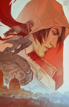 1boy absurdres arfarts assassin&#039;s_creed_(series) assassin&#039;s_creed_ii boots brown_boots brown_gloves brown_hair cityscape ezio_auditore_da_firenze gloves grey_pants highres hood hooded_jacket jacket multiple_views pants white_jacket