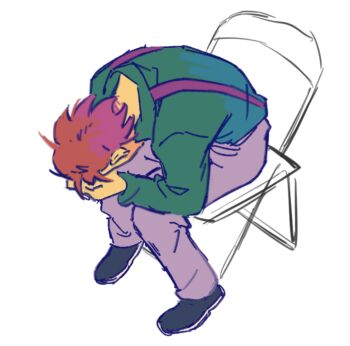 1boy brown_hair colored_skin green_shirt grey_pants lenny_leonard meme neon_genesis_evangelion pants quix5gg shinji_in_a_chair_(meme) shirt simple_background solo the_simpsons white_background yellow_skin