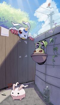 Rule 34 | bottle, digimon, digimon (creature), digimon day, gabumon, highres, horns, no humans, outdoors, red eyes, sharp teeth, single horn, tanemon, tatsumi (panneko), teeth, tokomon