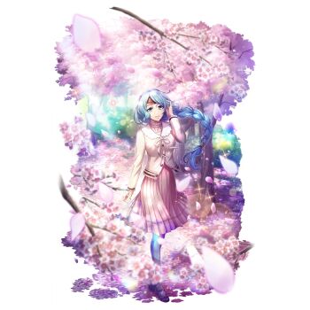 1girl :d artist_request black_boots black_thighhighs blue_eyes blue_hair boots braid braided_ponytail breasts cherry_blossoms day floating_hair from_above full_body game_cg grin hair_tubes hand_up jacket light_particles long_hair long_sleeves looking_at_viewer looking_up mary_janes medium_breasts medium_skirt metal_hair_tubes official_art open_mouth outdoors pink_skirt pleated_skirt shirt shoes side_ponytail simple_background single_hair_tube skirt smile solo sparkle standing tate_no_yuusha_no_nariagari tate_no_yuusha_no_nariagari_rerise therese_alexanderite thighhighs transparent_background tree turtleneck turtleneck_shirt white_jacket white_shirt wind