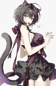 Rule 34 | 1girl, animal ears, backless outfit, bare shoulders, black hair, black skirt, candy, cat ears, cat girl, cat tail, chocolate, chocolate heart, gok (gok 99), heart, looking at viewer, original, skirt, solo, tail, white background