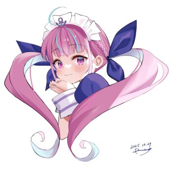 1girl ahoge anchor_hat_ornament anchor_symbol aqua_hair aqua_nails blue_dress blue_ribbon blush braid closed_mouth commentary curly_hair dated dress fingernails hair_ribbon hashtag-only_commentary hat_ornament heart heart-shaped_hair highres hololive long_hair looking_at_viewer maid maid_headdress minato_aqua minato_aqua_(1st_costume) multicolored_hair nail_polish pink_eyes pink_hair pink_lips ramune_(lamunepop) ribbon signature simple_background solo streaked_hair twintails two-tone_hair virtual_youtuber white_background white_wrist_cuffs wrist_cuffs