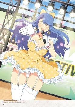 1girl blue_hair bow breasts card_(medium) cleavage closed_eyes dress earrings game_cg garter_straps gloves hair_bow highres holding holding_microphone idol jewelry large_breasts long_hair looking_at_viewer microphone nachi_(senran_kagura) necklace non-web_source official_alternate_costume official_art open_mouth outstretched_arm panties pantyshot polka_dot polka_dot_dress senran_kagura senran_kagura_new_wave smile solo stage star_(symbol) star_earrings star_necklace thighhighs underwear white_gloves white_panties white_thighhighs yellow_bow yellow_dress